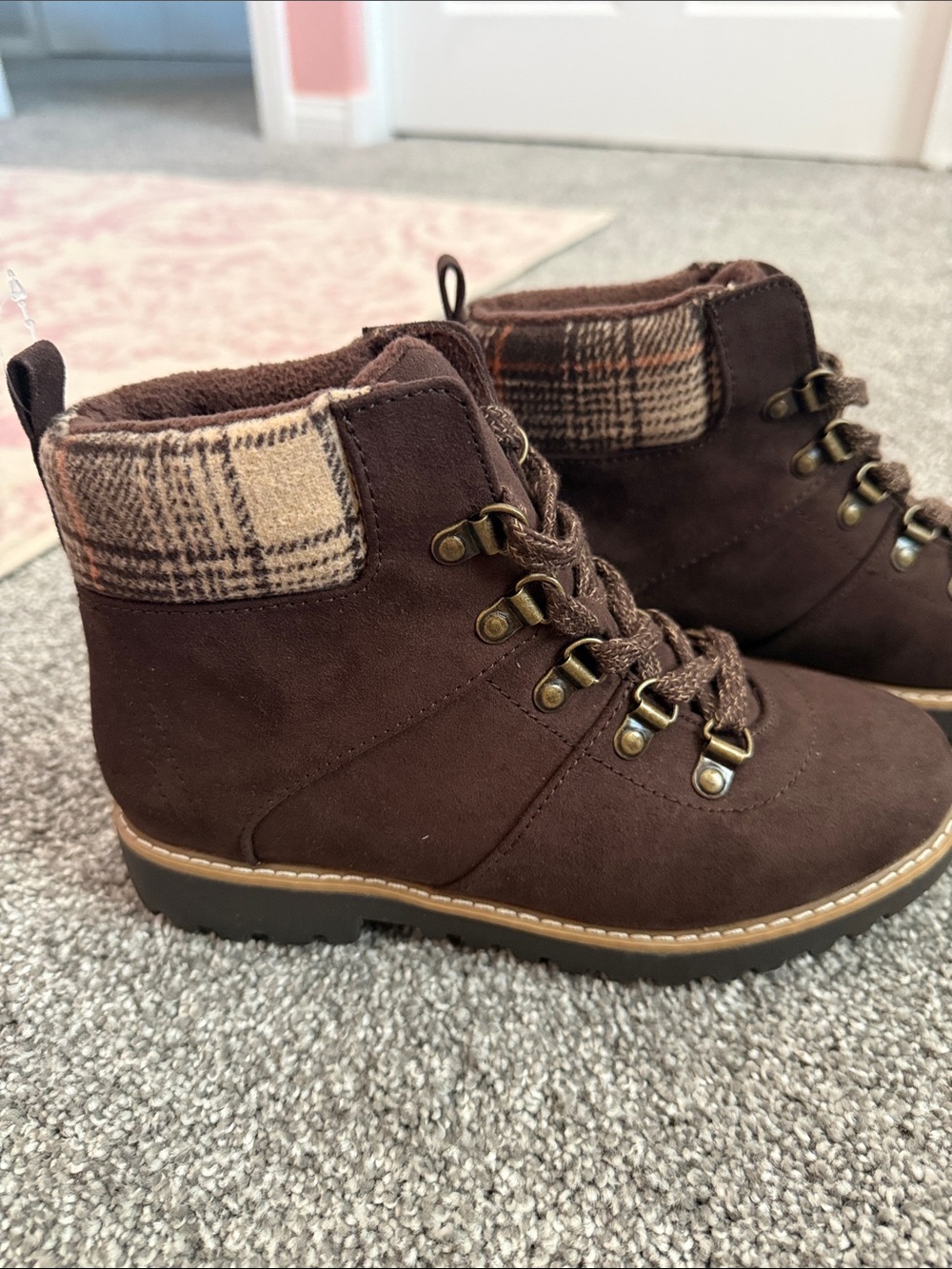 Women's Brown Suede Lace-Up Ankle Booties with Plaid Cuff - Picture 4 of 6